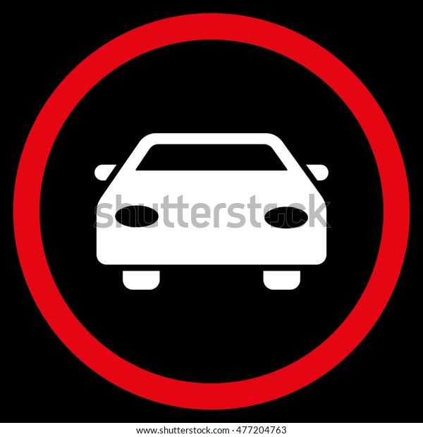 Car vector bicolor rounded icon. Image style\
is a flat icon symbol inside a circle, red and white colors, black\
background.
