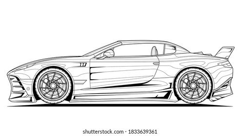 Car vector concept design line illustration. Black contour sketch illustrate adult coloring page for book and drawing. High speed drive vehicle. Graphic element. wheel. Isolated on white background.