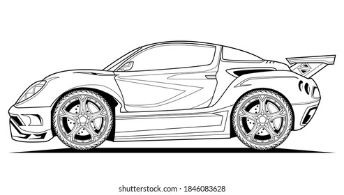 Car vector concept design line illustration. Black contour sketch illustrate adult coloring page for book and drawing. High speed drive vehicle. Graphic element. wheel. Isolated on white background.