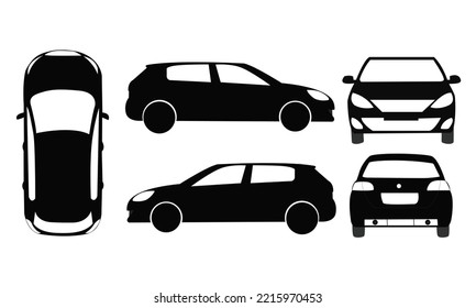 Car Vector design, black and white  vector car with top , Left, Right, front and back of car, Black and white car set