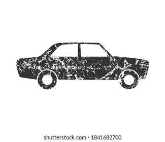 Car vector icon with grunge texture. Big old sedan automobile. Side profile transport and traffic logo. Cartoon style clip-art image. Retro vintage auto vehicle symbol sign. Black silhouette.