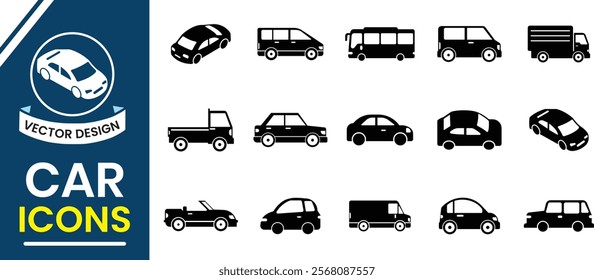 Car vector, icon set. Car silhouette design. Automobile silhouette sign, symbol. taxi, bus, truck, jeep, lorry, vehicle, transport car icon design. Vector illustration.