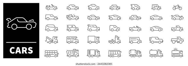 Iconos del vector del coche colección. Iconos de línea delgada relacionados con vehículos y automóviles. Iconos del vector de las Formas del coche en estilo de la línea. Sedán, cupé, hatchback, SUV, convertible, camioneta, minivan, camioneta
