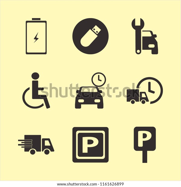 car vector icons set. with disabled\
sign, battery, parking sign and flash driver in\
set