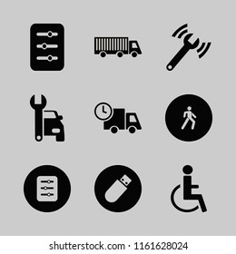 car vector icons set. with fast delivery truck, disabled sign, filter and pedestrian in set