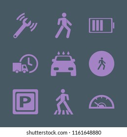 car vector icons set. with fast delivery truck, pedestrian, battery and diagnostycs wrench in set