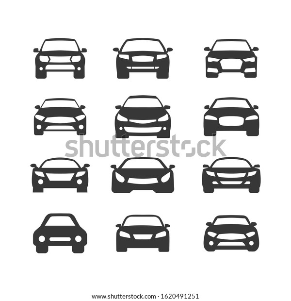 Car vector icons set. Isolated simple\
view front logo illustration. Sign symbol. Auto style car logo\
design with concept sports vehicle icon\
silhouette