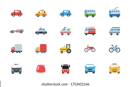 Car vector icons set. Land Vehicles Pack. Automobile, Freight Transportation, Taxi, Police Car, Ambulance, Truck, Van, Bicycle, Motor Bike, Bus Illustrations Collection