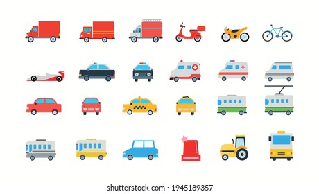 Car vector icons set. Land Vehicles Pack. Automobile, Freight Transportation, Taxi, Police Car, Ambulance, Truck, Van, Bicycle, Motor Bike, Bus Illustrations Collection