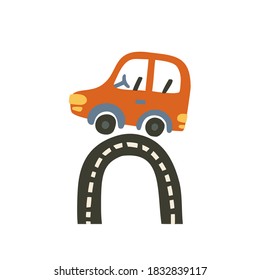 Car vector illustration for baby boy shirt and room designs. Cute red vehicle on a road travel poster. Kid auto card.