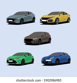 Car Vector Illustration Sets in Flat Design Style - Hatchback Cars, Editable and Changeable Colors