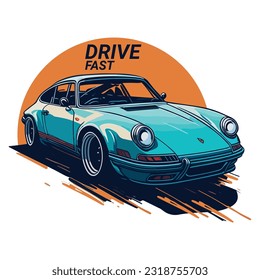 car vector illustration for t-shirt. vintage car illustration. car on the road. blue car vector t-shirt.