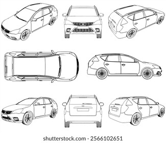 Car Vector images are produced from the tracing process,View from side, front, back, top, Perspective