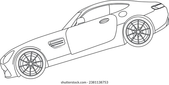Car vector line art for book and drawing. Black contour sketch illustrate Isolated on white background. High speed drive vehicle. Graphic element. Illustration car. Stroke without fill