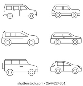 car vector line icons set . different vector car types linear silhouettes, car logo deign templates . 