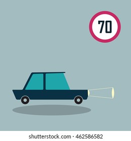 Car in vector. Minimalistic car icon. Flat design. Little blue automobile with speed limit sign.