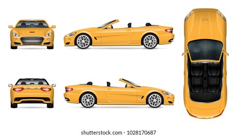 Car vector mock-up. Isolated template of yellow cabriolet car on white. Vehicle branding mockup. Side, front, back, top view. All elements in the groups on separate layers. Easy to edit and recolor