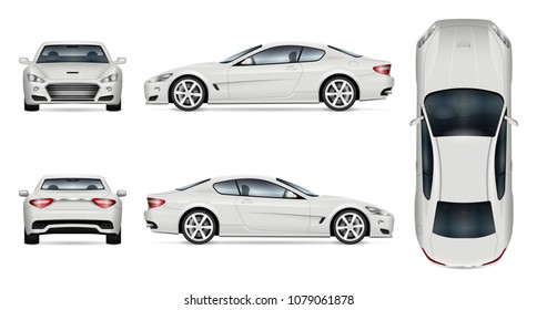 Car vector mock-up. Isolated template of supercar on white background. Vehicle branding mockup. Side, front, back, top view. All elements in the groups on separate layers. Easy to edit and recolor