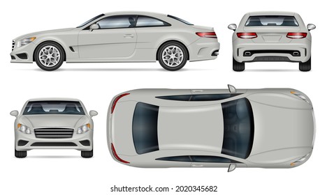 Car Vector Mockup. Isolated Template Of Sports Car On White For Vehicle Branding, Corporate Identity. View From Side, Front, Back, Top. All Elements In The Groups On Separate Layers For Easy Editing