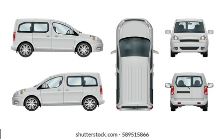 Car vector mock-up. Isolated template of van on white background. Vehicle branding mockup. View from side, front, back and top. All elements in the groups on separate layers. Easy to edit and recolor.