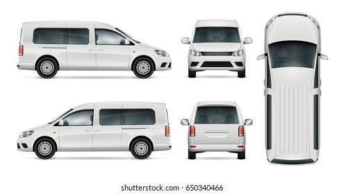 Car Vector Mock-up. Isolated Template Of Minivan On White Background. Vehicle Branding Mockup. View From Side, Front, Back, Top. All Elements In The Groups On Separate Layers. Easy To Edit And Recolor