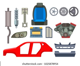 Car vector parts auto repair service vehicle mechanic repair of machines and equipment motocar illustration