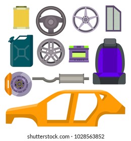 Car vector parts auto repair service vehicle mechanic repair of machines and equipment motocar illustration