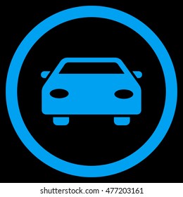 Car vector rounded icon. Image style is a flat icon symbol inside a circle, blue color, black background.
