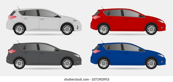 Car vector template on white background. Hatchback car isolated. All elements in groups on separate layers. The ability to easily change the color. Set of realistic hatchback car, Realistic model.