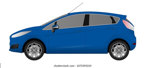 Car vector template on white background. Blue hatchback isolated. Vehicle branding mockup. Side view. All elements in the groups on separate layers. Realistic car model template for web, magazines.