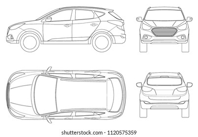 Car Vector Template On White Background. Compact Crossover, SUV, 5-door Station Wagon On Outline. Template Vector Isolated. View Front, Rear, Side, Top.