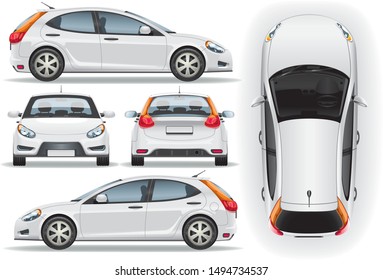 Car vector template on white background. Business hatchback isolated. Vehicle branding mockup. Side, front, back, top view. 