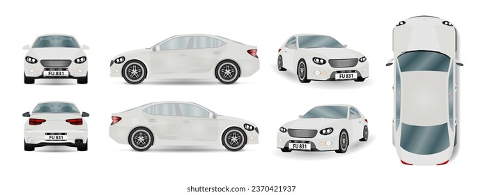 Plantilla de vector de coche sobre fondo blanco. Conjunto de diferentes ángulos de un auto blanco. Ver isométrico, delantero, trasero, lateral y superior. Sedan de negocios aislado. Burla de vehículos. Vector.