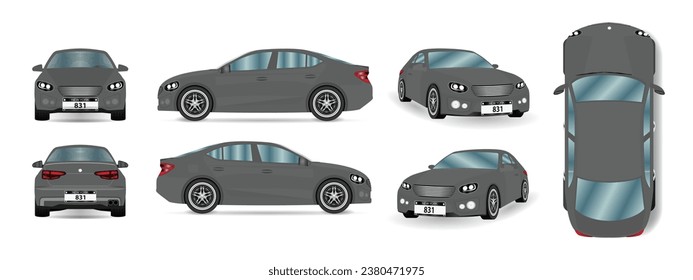 Car vector template on white background. Set of different angles of a grey car. View isometric, front, rear, side, and top. Business sedan isolated. Vehicle mockup. Vector.