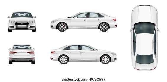 Car vector template on white background. Business sedan isolated. Vehicle branding mockup. Side, front, back, top view. All elements in the groups on separate layers.