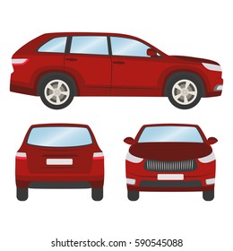 Car vector template on white background. Hatchback isolated. Front, back, side view, business design, red hatchback crossover car