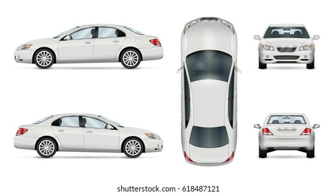 Car vector template on white background. Business sedan isolated. All layers and groups well organized for easy editing and recolor. View from side, front, back and top.