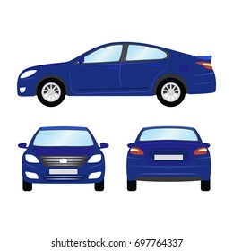 Car vector template on white background. Business sedan isolated. blue sedan flat style. side back front view
