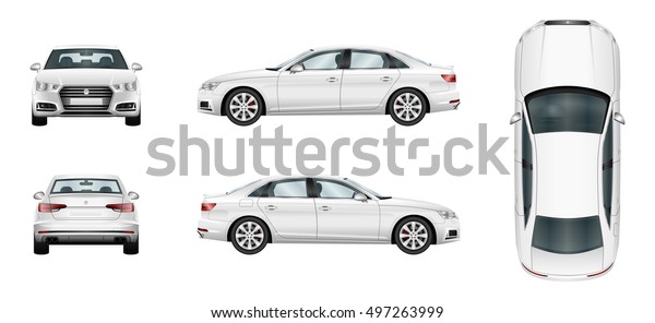 白い背景に自動車のベクター画像テンプレート ビジネスセダン 車のブランディングがモックアップ 側面 正面 背面 上面図 グループ内のすべてのエレメントが別々の画層上にあります のベクター画像素材 ロイヤリティフリー