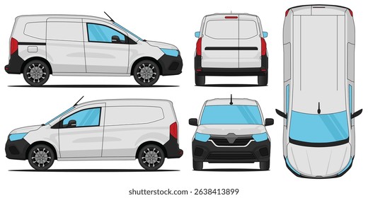 Car vector van kangoo - Van mockup car vector for branding on isolated white background. Side, Front, Rear, Top Views