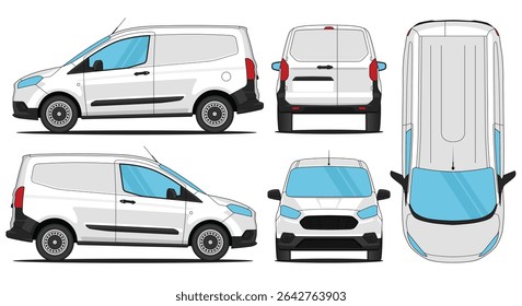 Vetor de carro van transportador de trânsito - Van mock up vetor de carro para branding em fundo branco isolado. Vista Lateral, Frontal, Traseira, Superior	