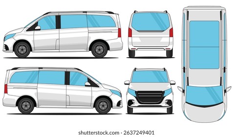 Car vector van V class - Van mockup car vector for branding on isolated white background. Side, Front, Rear, Top Views