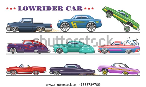 Car vector\
vintage low rider auto and retro old automobile transport\
illustration set of classic lowrider muscle vehicle rod\
transportation isolated on white\
background.