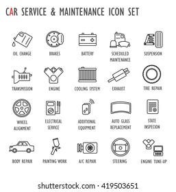 Car / Vehicle / Auto Service & Maintenance Icon Set (brakes,oil Change,scheduled Maintenance,suspension,transmission,engine,cooling,electrical,tire,replace,steering,exhaust,body Repair)

