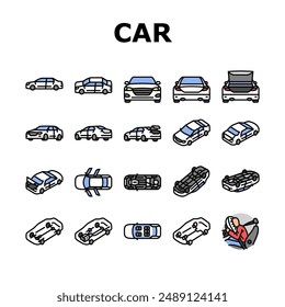 car vehicle auto transport icons set vector. bus truck, automotive, station, traffic energy, delivery drive car vehicle auto transport color line illustrations
