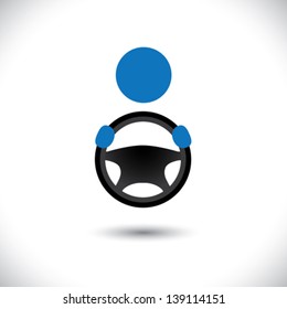 Car, Vehicle Or Automobile Driver Icon Or Symbol- Vector Graphic. This Logo Template Shows A Cabbie Icon With His Hand Holding The Steering Wheel