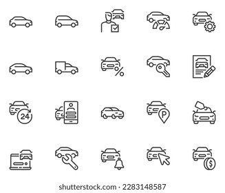 Car, vehicle, automobile. Tech review, repair, rent, purchase, car maintenance. Vector Line Icons Set. Editable Stroke. Pixel Perfect. svg