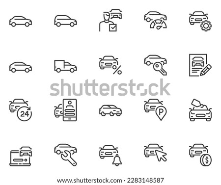 Car, vehicle, automobile. Tech review, repair, rent, purchase, car maintenance. Vector Line Icons Set. Editable Stroke. Pixel Perfect.