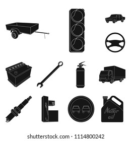 Car, vehicle black icons in set collection for design. Car and equipment vector symbol stock web illustration.