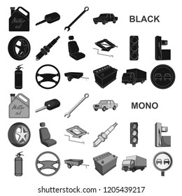 Car, vehicle black icons in set collection for design. Car and equipment vector symbol stock web illustration.